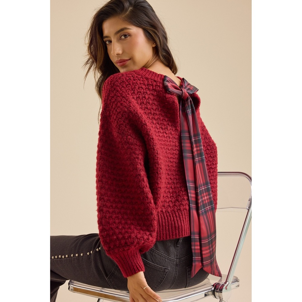 Altar'd State Textured Knit Sweater Plaid Back Bow Detail Long Sleeve Size XS